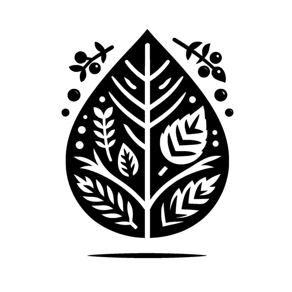 Elegant Black and White Botanical Illustration LeafShaped with Detailed Floral and Berry Elements in Minimalism. vector