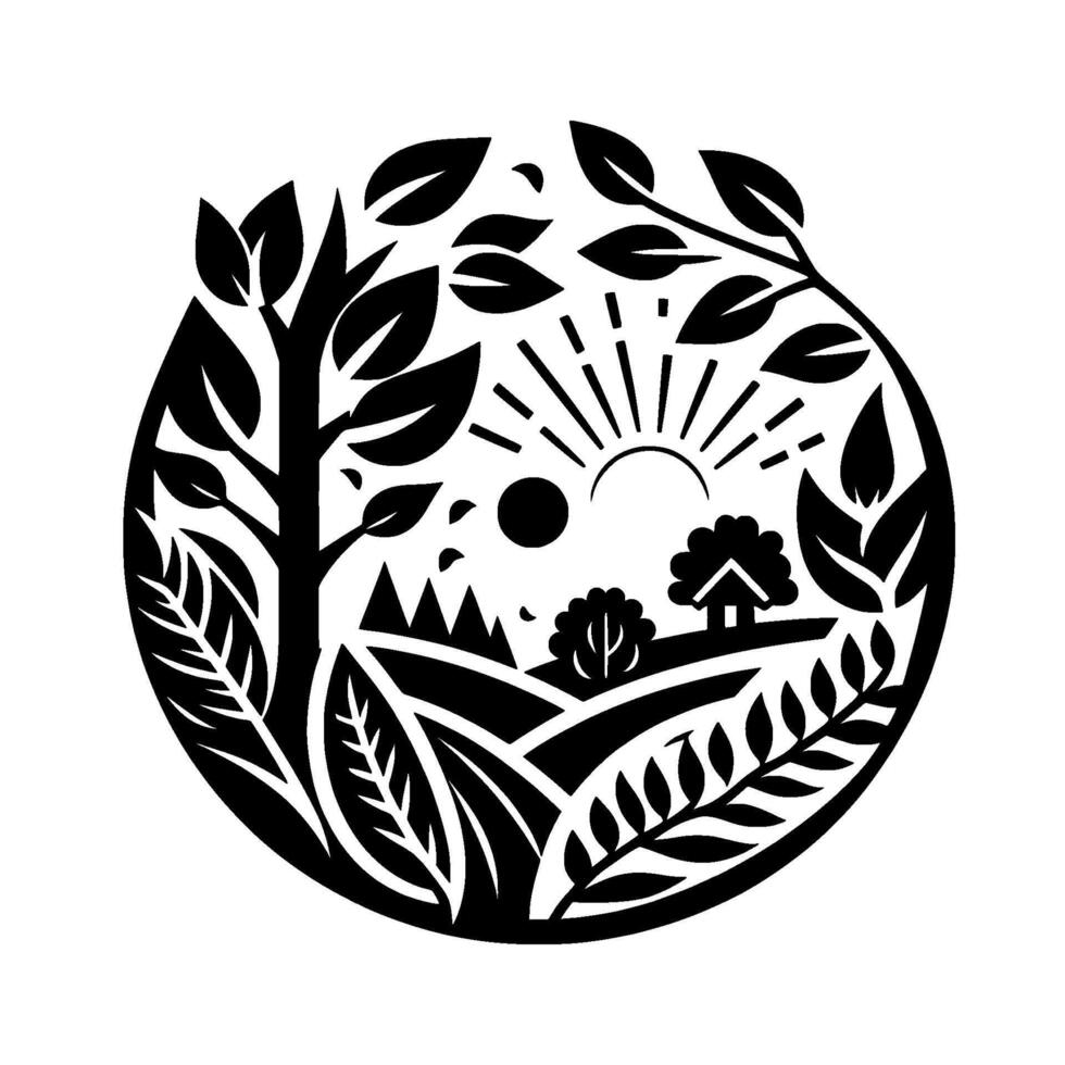 Black and white paper cutout of a landscape scene inside a circle, featuring trees, mountains, a house, sun, and leaves. vector