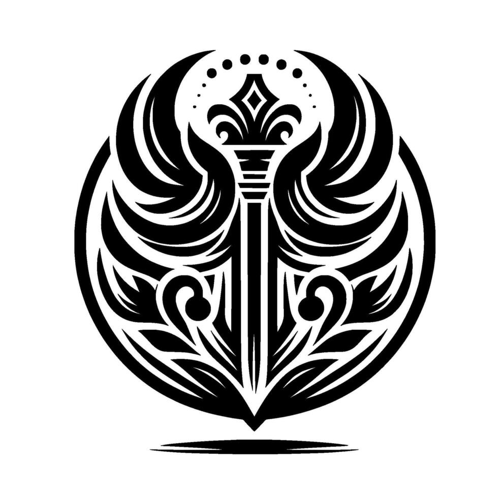 Elegant Monochromatic Crest A symmetrical emblem featuring stylized wings, floral elements, and a decorative central pillar within a circular frame. vector