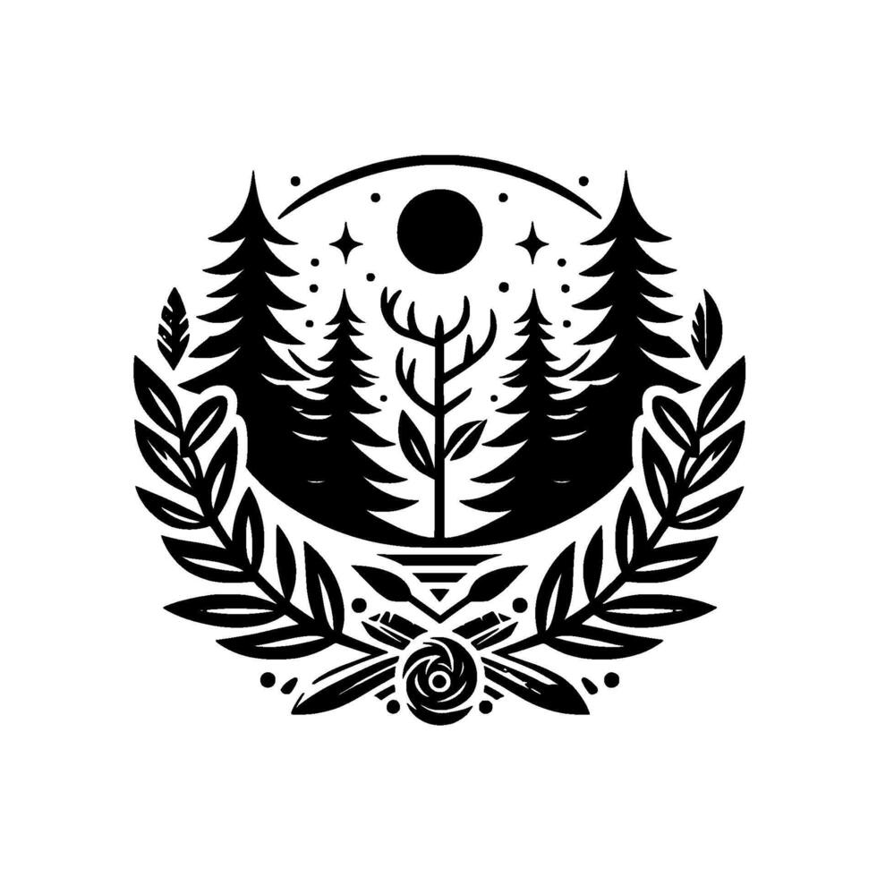 A Minimalist Black and White Emblem Forest Scene with Trees, Deer Antlers, Moon, Stars, Laurel, and Symbolic Floral Elements within a Circle. vector