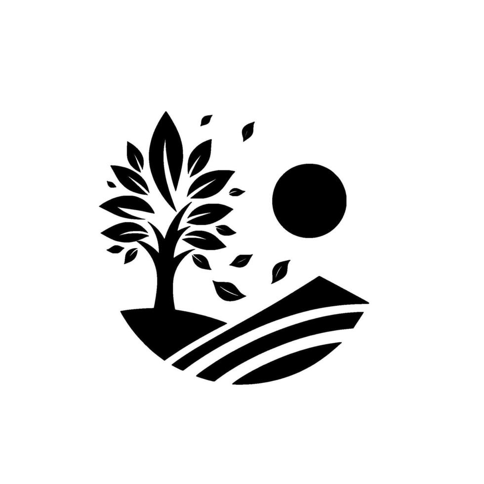 Minimalist Black and White Depicting a Tree on a Hill with Sun and Leaves Blowing in the Wind vector