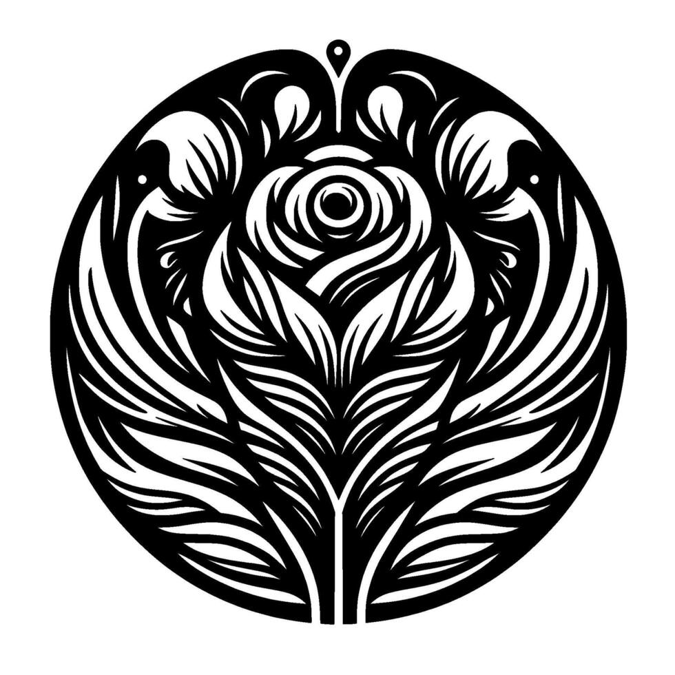 Circular Black and White Floral A symmetrical stylized rose in a rounded frame, with intricate leaf and petal details. vector