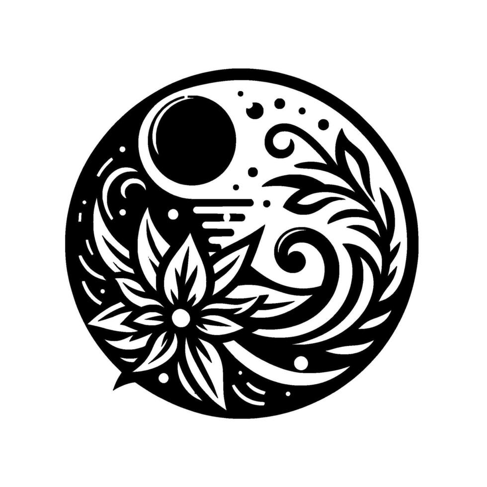 Symbolic YinYang Floral Black and White Round Art with Flower, Moon, and Foliage Motifs. vector