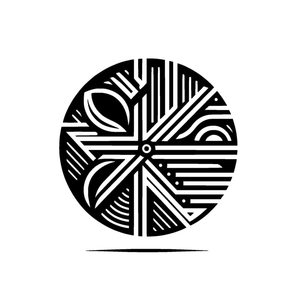 Intricate Circular Monochrome Geometric with Abstract Elements, Leaf Forms, and Linear Patterns. vector
