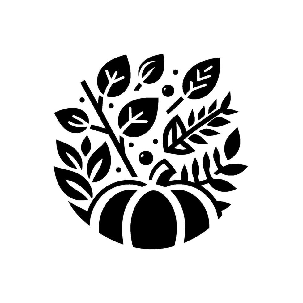 Minimalist Black White Circular Illustration of Pumpkin, Foliage and Berries, Perfect for Autumn or Thanksgiving. vector