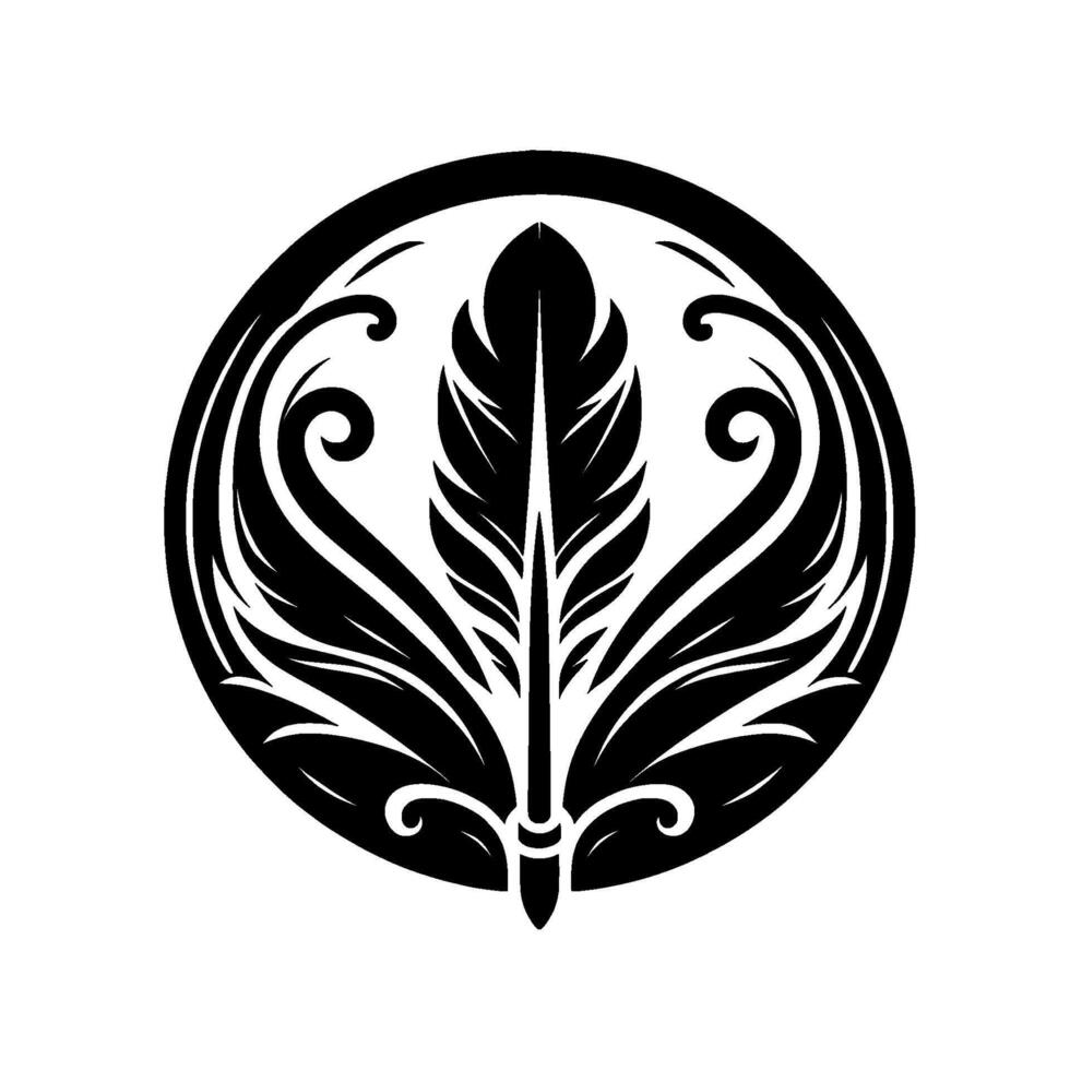 Ornate Black and White Circular with a Central Feather and Floral Embellishments, Isolated on White vector