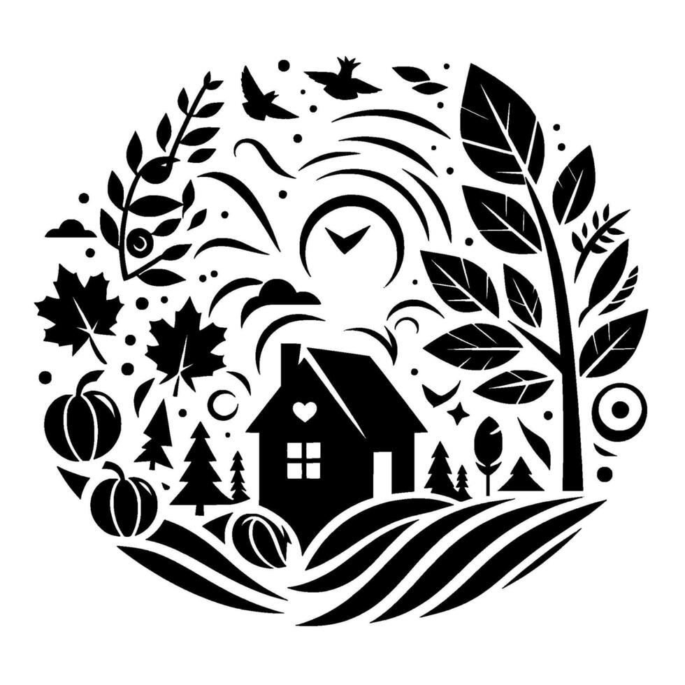 Circular Black and White Autumnal Illustration with a House, Tree, and Natural Elements Depicting a Heartfelt, Cozy Rural Scene. vector