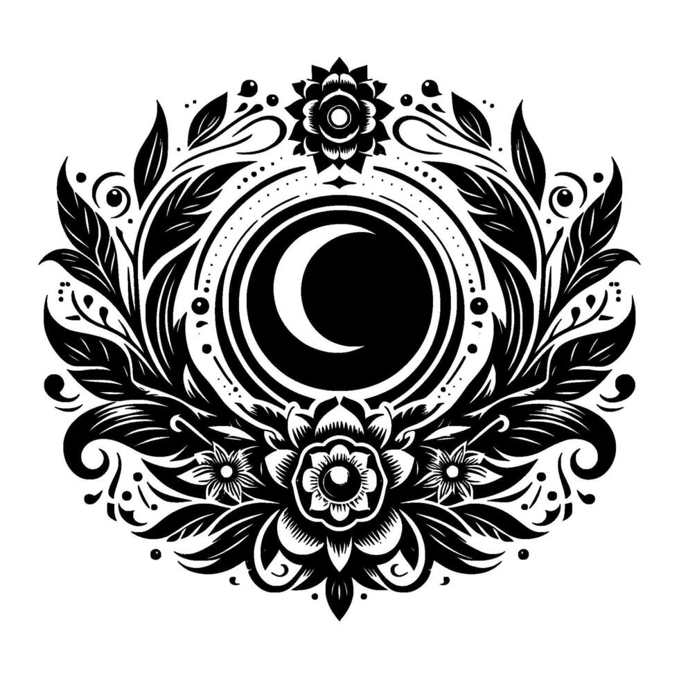 Ornamental Black White Floral Moon Crest Serene Circle with Crescent, Leaves, and Detailed Botanical Symmetry, for Tattoo . vector