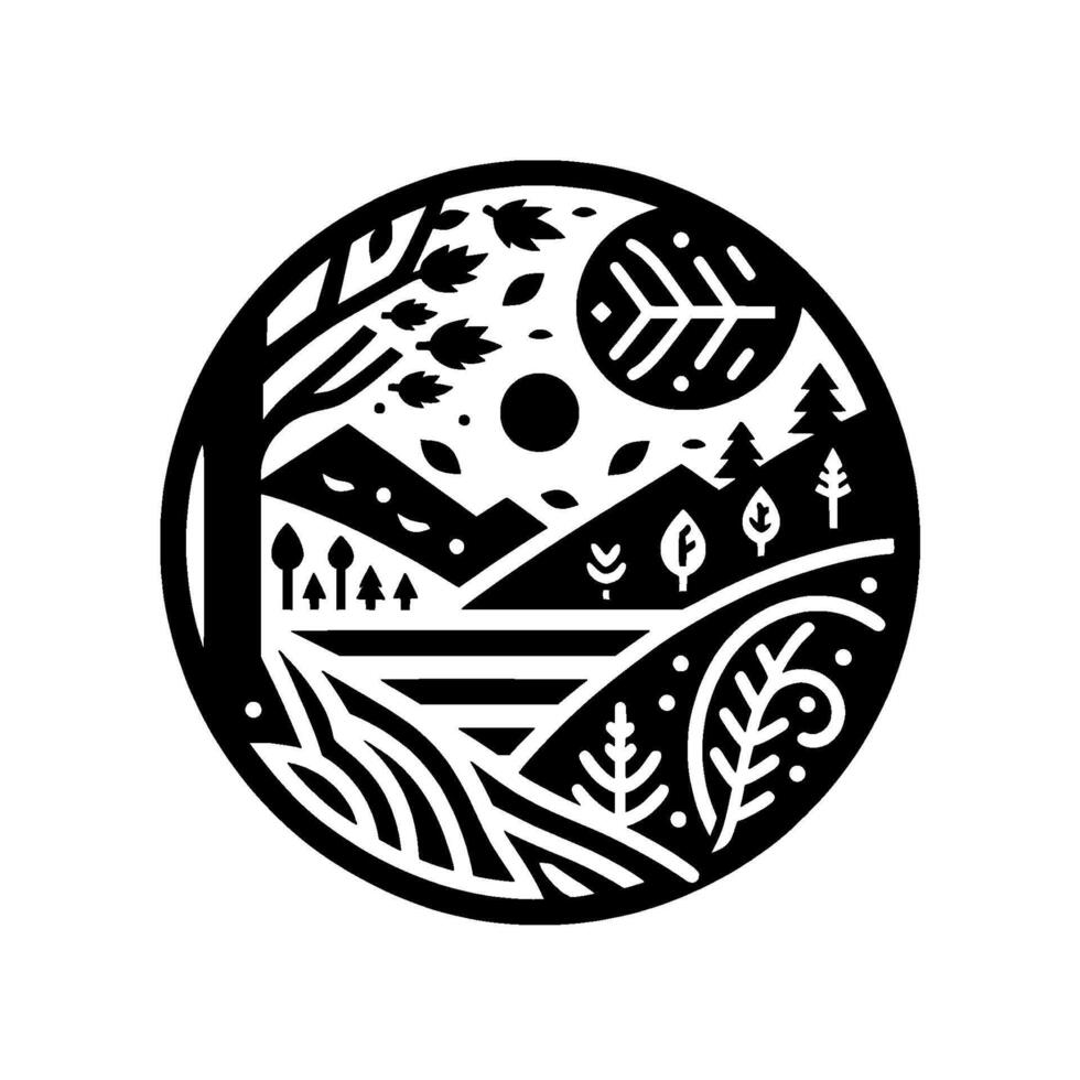 A minimalist, circular black and white landscape illustration depicting trees, mountains, a lake, and celestial bodies. vector