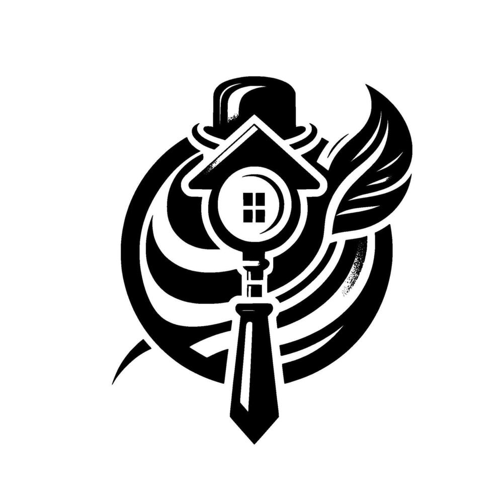 Symbolic Black and White Real Estate House Key in a Magnifying Glass with Bowler Hat, Tie, and Swirls, Evoking Property and Ownership. vector