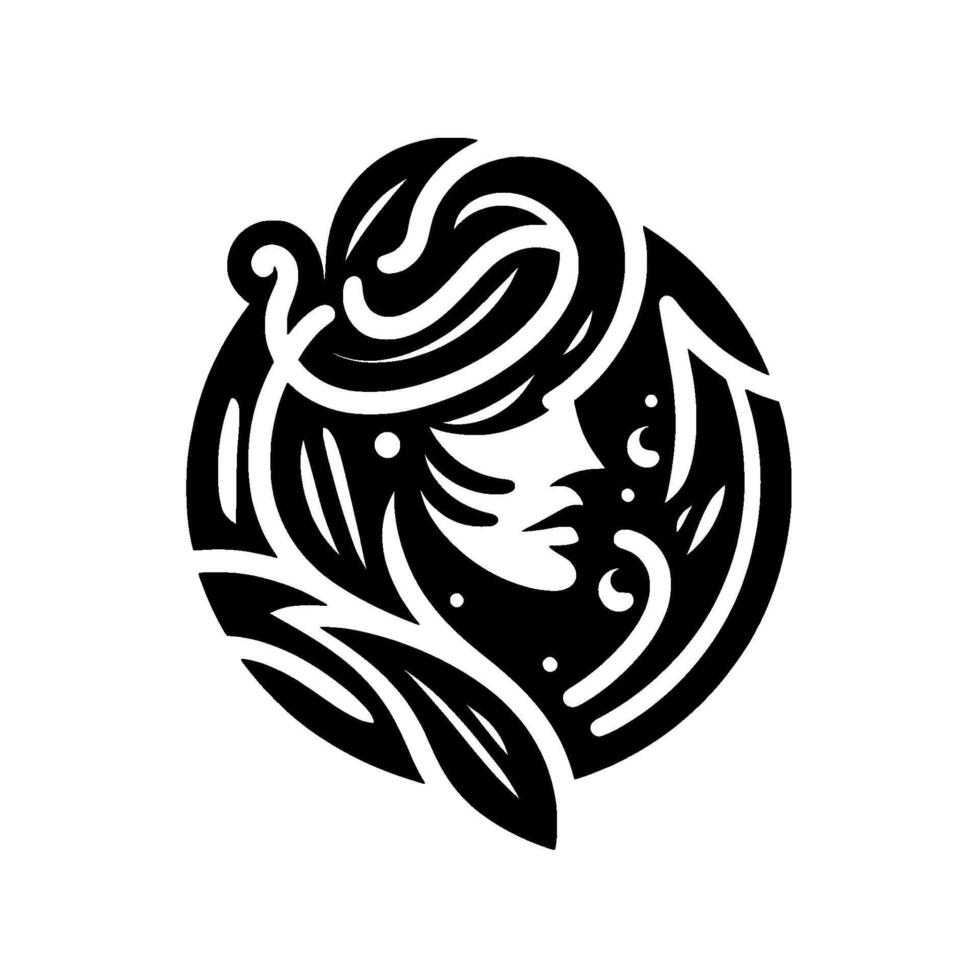 Circular minimalist black and white illustration of a stylized womans profile with floral accents, in a clean style. vector