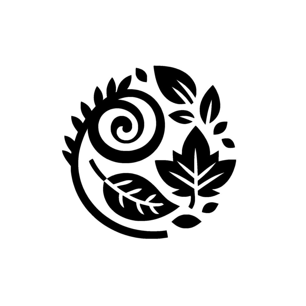 Circular, symmetrical monochrome artwork of stylized leaves, spirals, and foliage, embodying natural elegance. vector