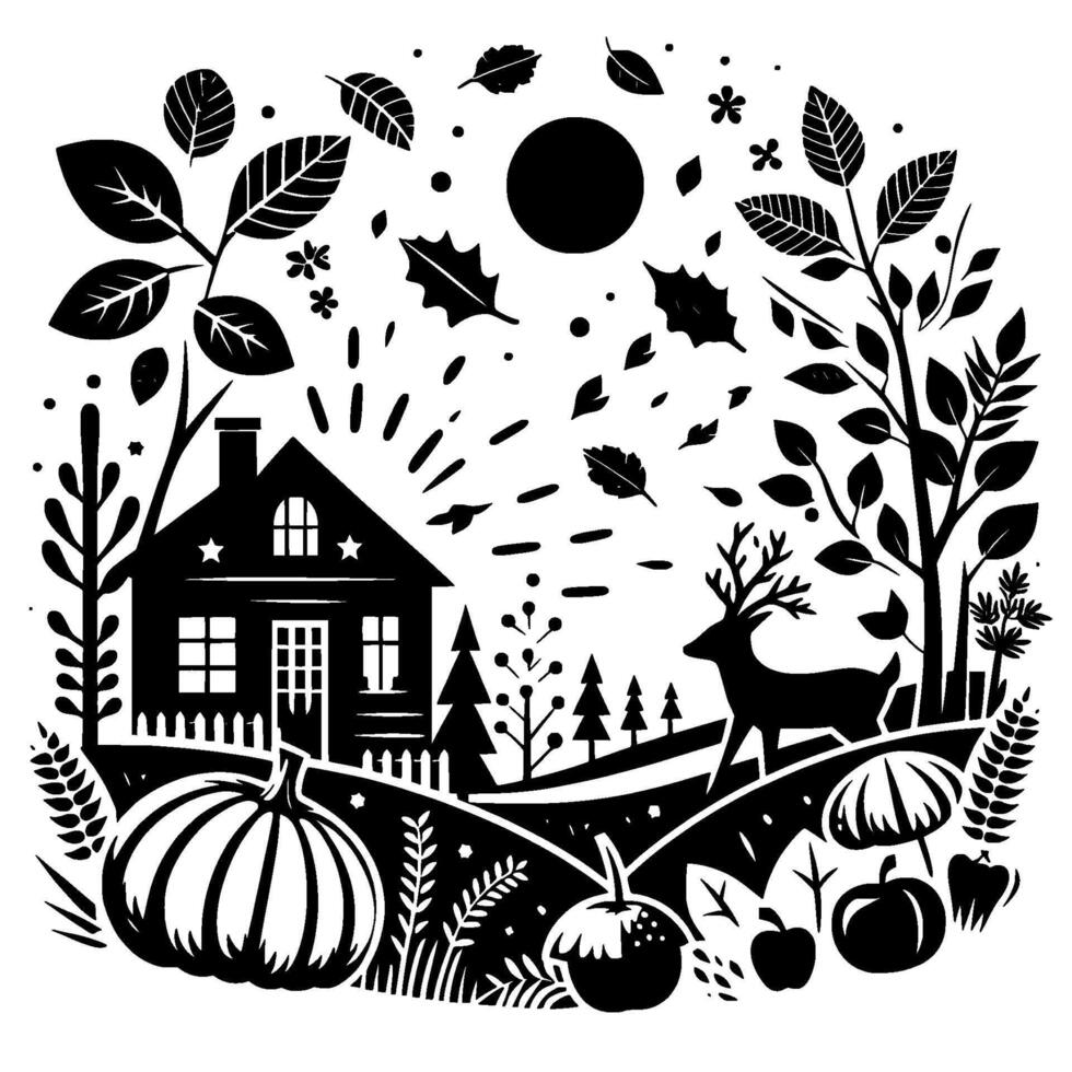 Black and White Illustration Autumnal scene featuring a quaint house, deer, pumpkins, foliage, and a stylized sun in a circular, minimalist . vector