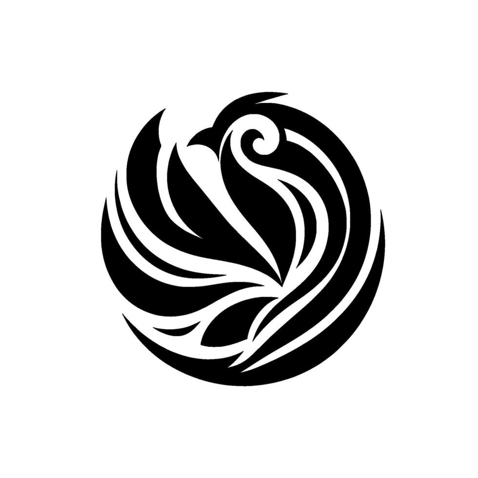 Circular Black and White stylized bird emblem with flowing abstract feathers, minimal , isolated on white. vector