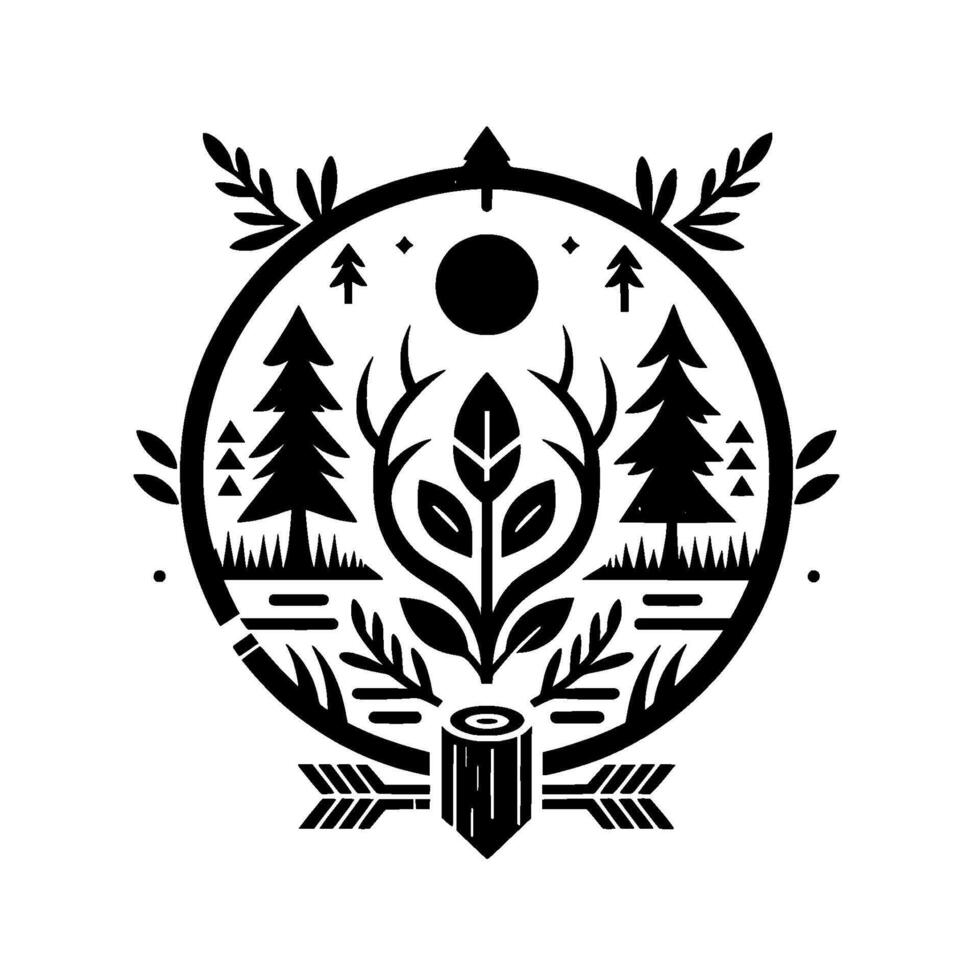 Circular Black and White Nature Emblem with Trees, Plants, Arrows, Moon, Stars and Deer Antlers vector