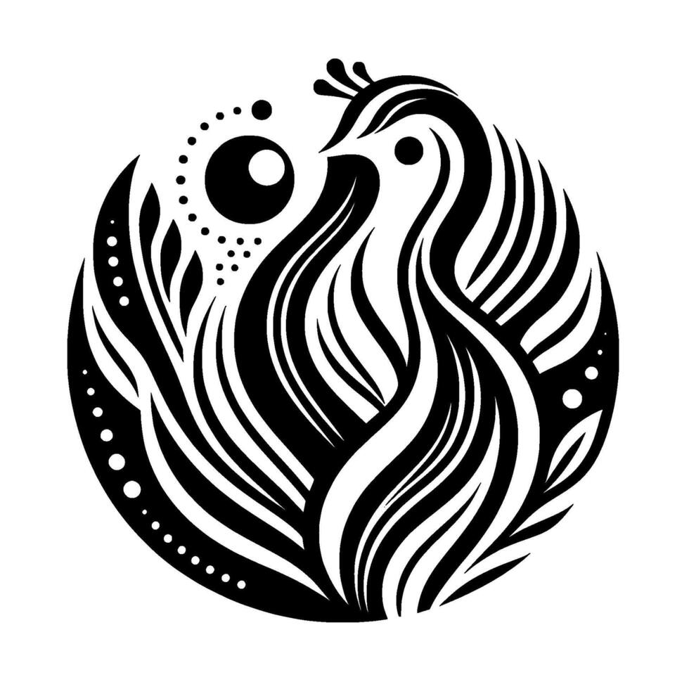 Stylized Black and White Bird in a Circular Composition, Featuring Ornate Featherlike Details and Dot Accents. vector