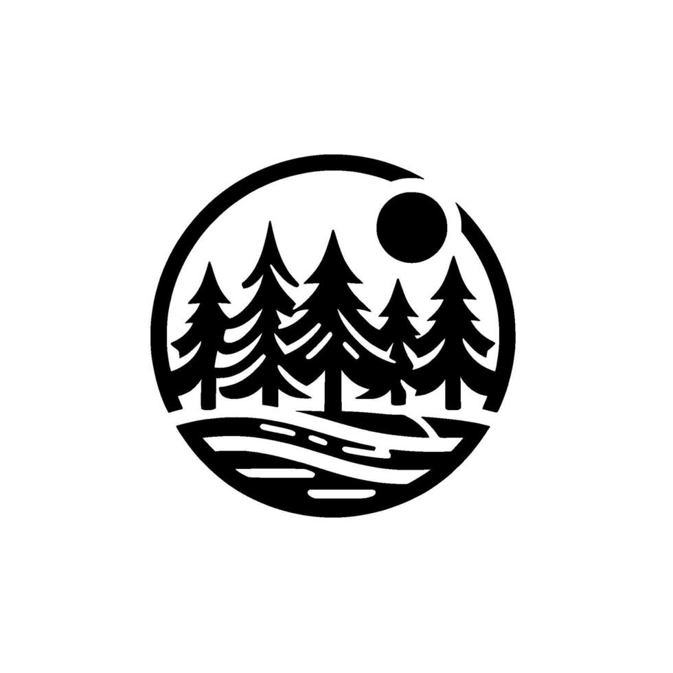 Circular black and white featuring a stylized forest scene with fir trees, a sun, and a body of water, all contained within a circle. vector