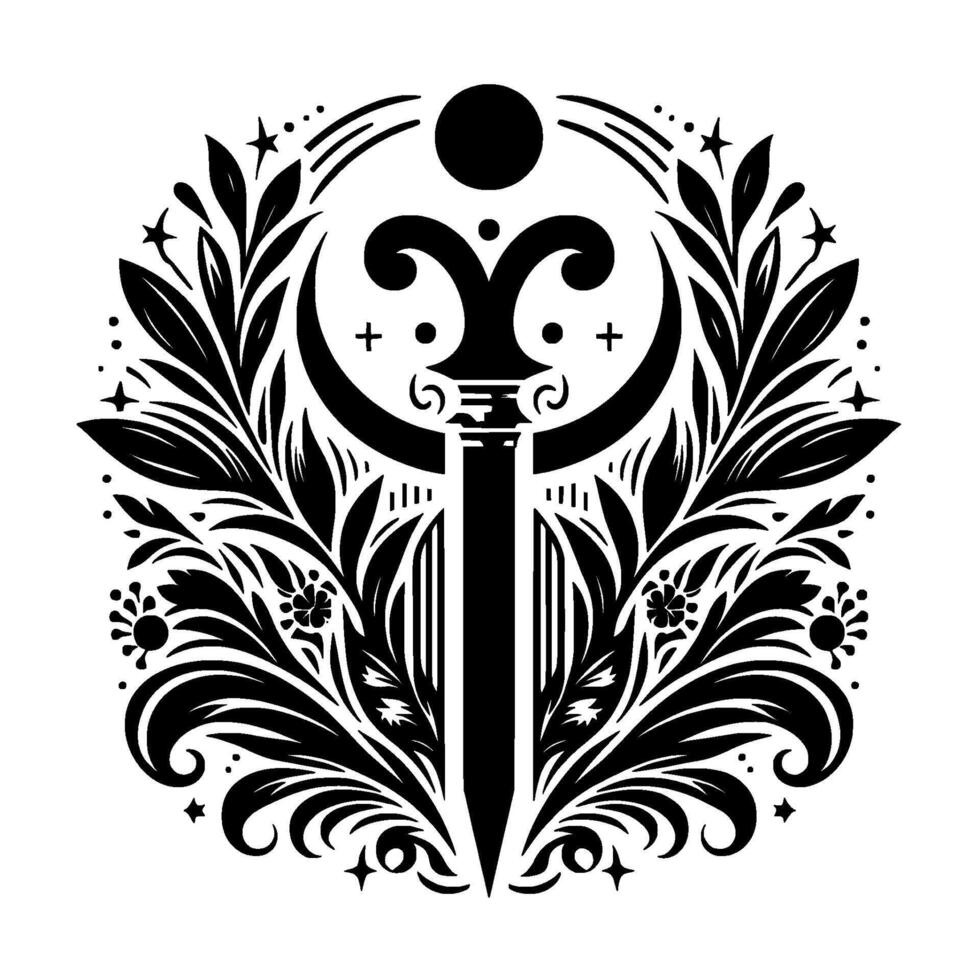 Intricate Monochrome Floral Crest with a Central Sword, Stars, and Geometric Elements. vector