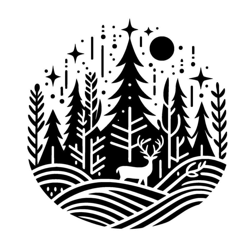 Black and White Circular Illustration of a Winter Forest Scene with Deer, Stars, Moon, and Trees vector