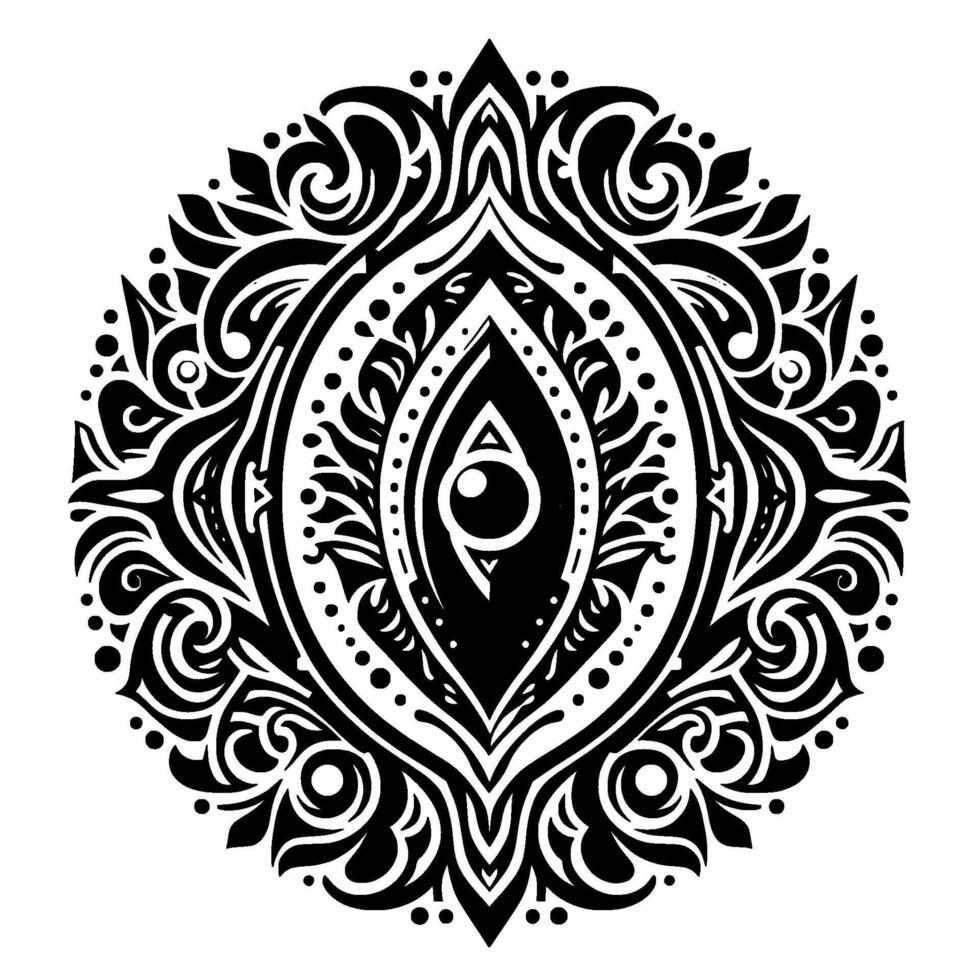 Intricate Black and White Circular Mandala Featuring a Central Eye Motif with Ornate Floral and Geometric Patterns. vector