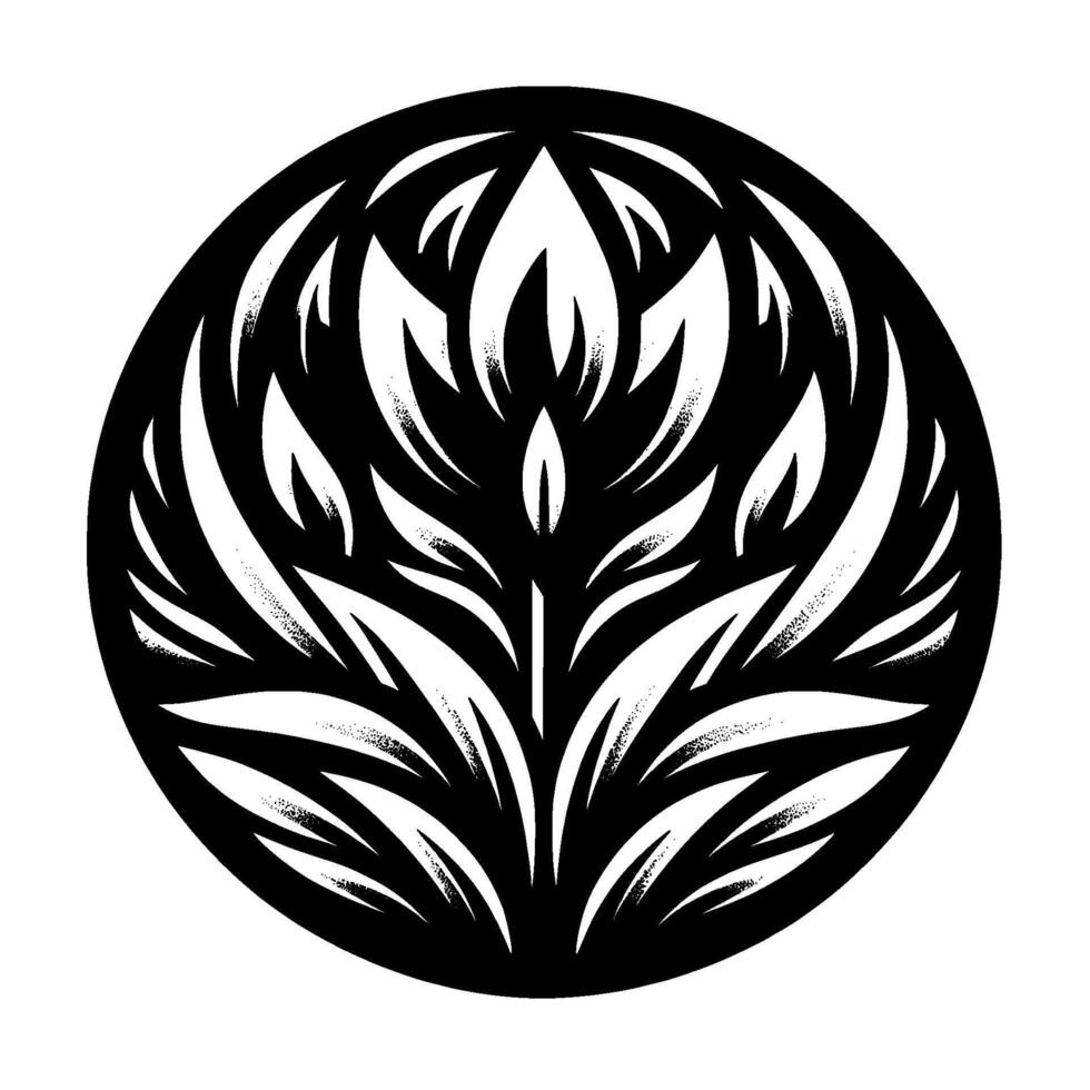A black and white illustration of a stylized plant or flower , enclosed within a circular frame, with a dotted texture. vector