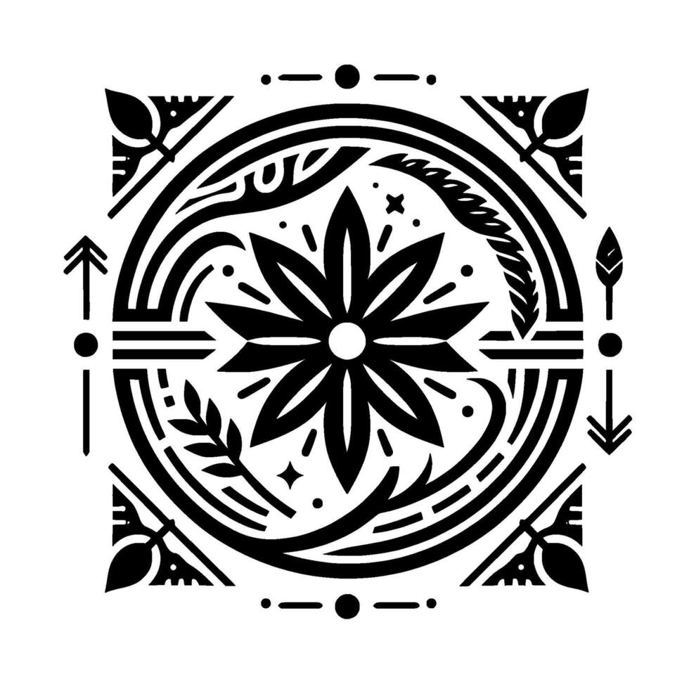 Intricate Black White Geometric Floral with Circular Square Elements, Featuring Arrows, Leaves, Minimalist Stars, Isolated on White. vector