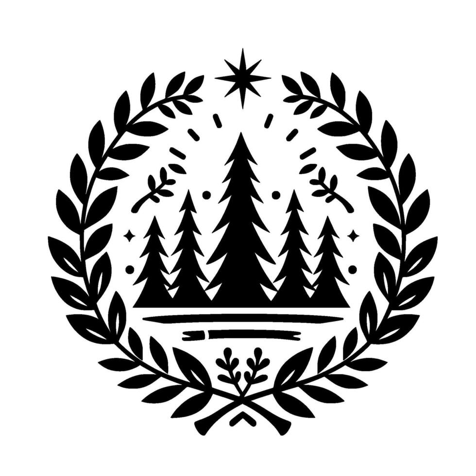 Elegant black and white illustration of a winter scene stylized trees and star inside a laurel wreath, evoking a sense of nature and seasonal joy. vector