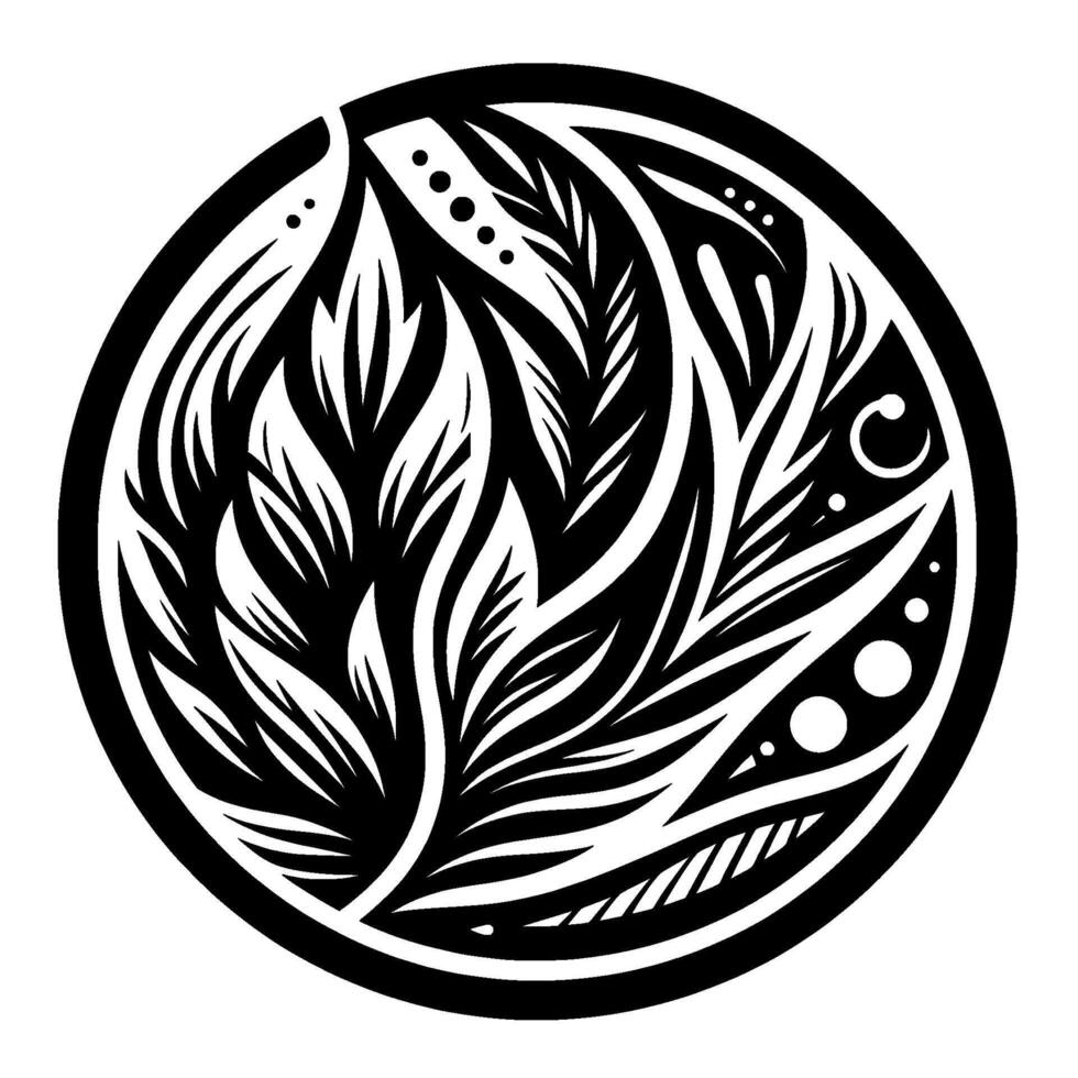 Circular Black White Illustration Detailed Feather and Leaf Motif Enclosed Within a Bold Circle, Organic Forms and Dot Accents. vector