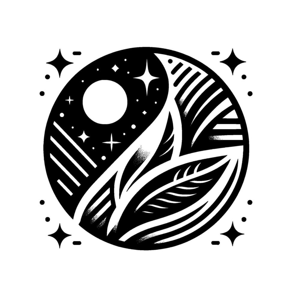 Symbolic Circle of Nature A Stellar Nightscape Melds with Leafy Forms in Bold Black and White Minimalism. vector