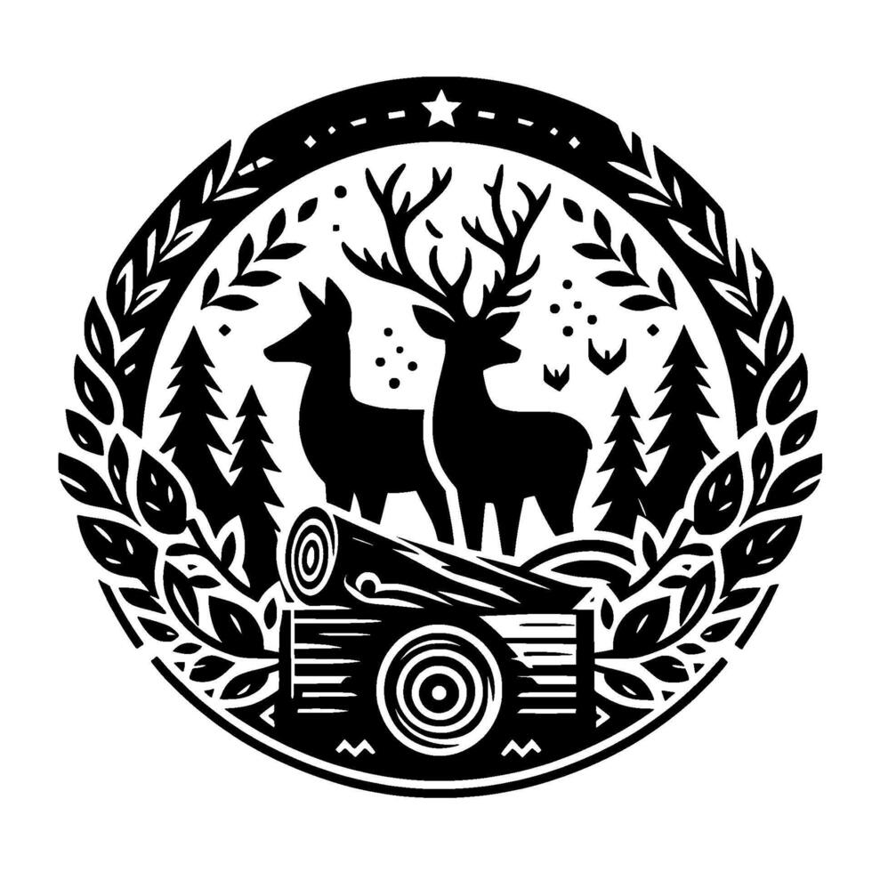 Black and white circular woodland emblem with deer silhouettes, trees, log, leaves, and star, evoking a rustic, natural aesthetic. vector