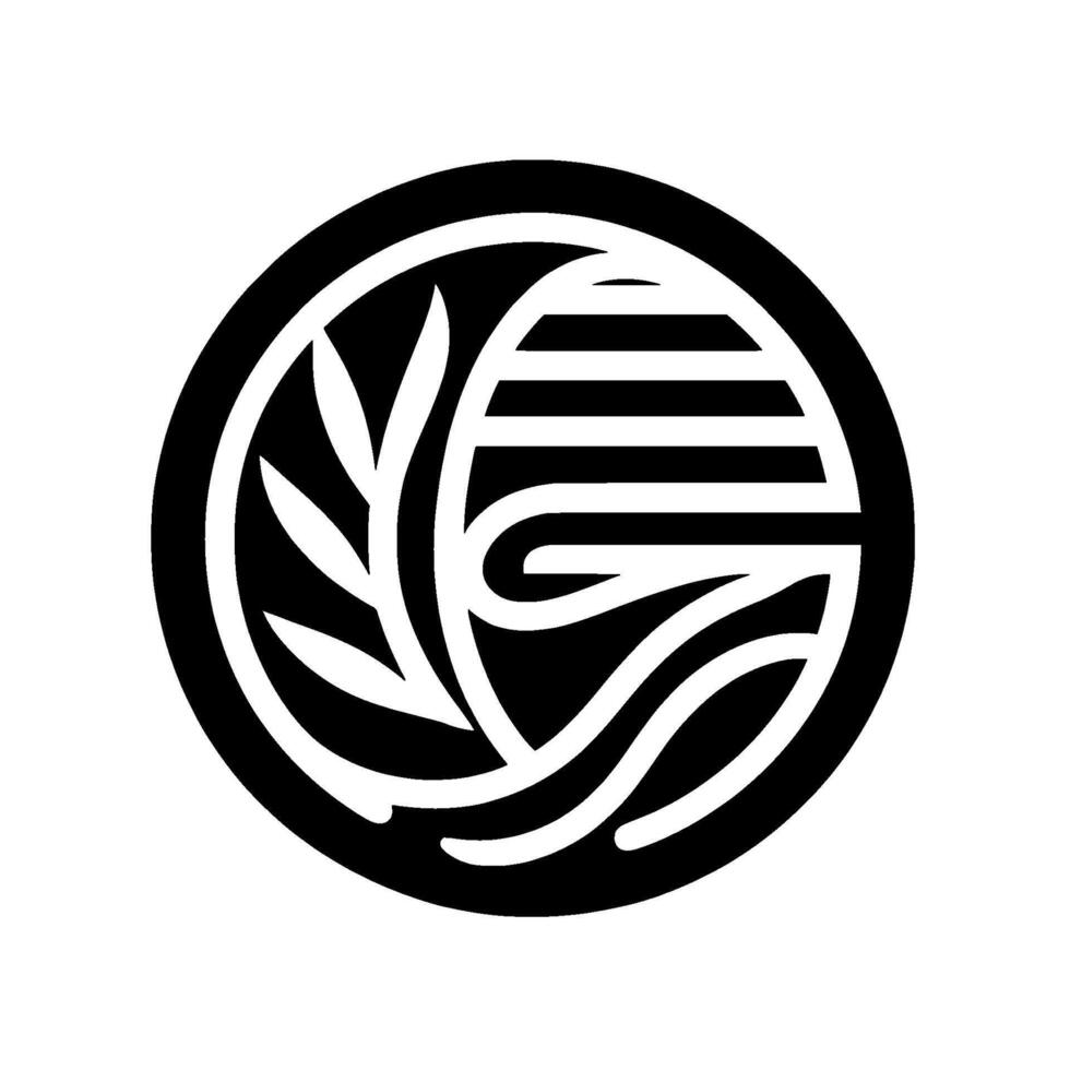 Circular black and white featuring plantlike elements, curved lines, and a stylized letter E or G. vector