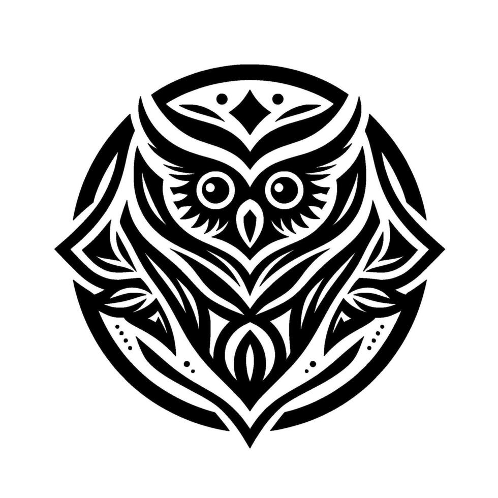 Intricate Black and White Owl Crest, Geometric Tribal , Circular Composition, Isolated on White Background, symmetrical vector