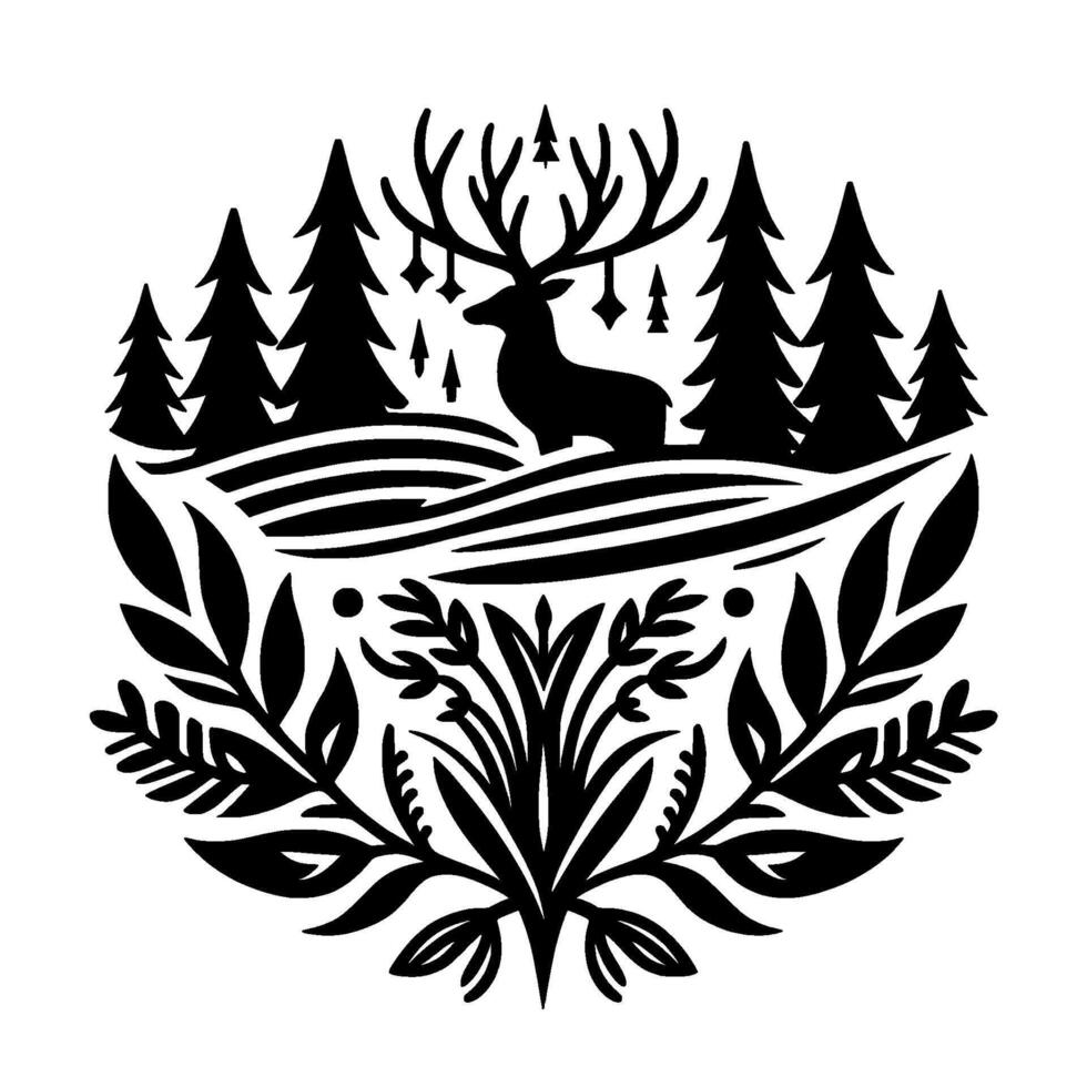 Minimalist Black and White Nature Illustration Deer, Forest, and Foliage Circle Composition vector