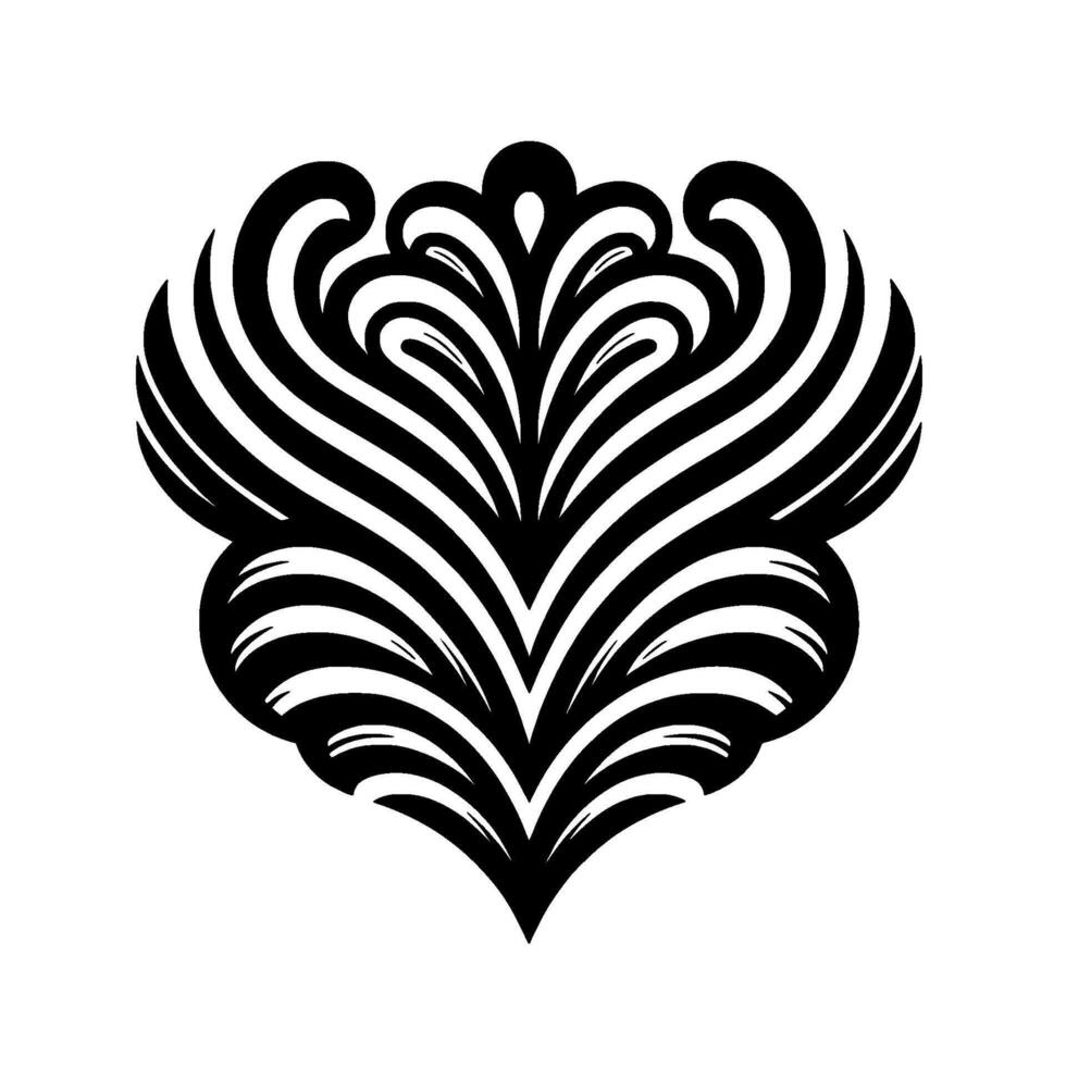 Symmetrical Black and White Organic Featuring Curvilinear Lines, Resembling a Floral Emblem on White. vector