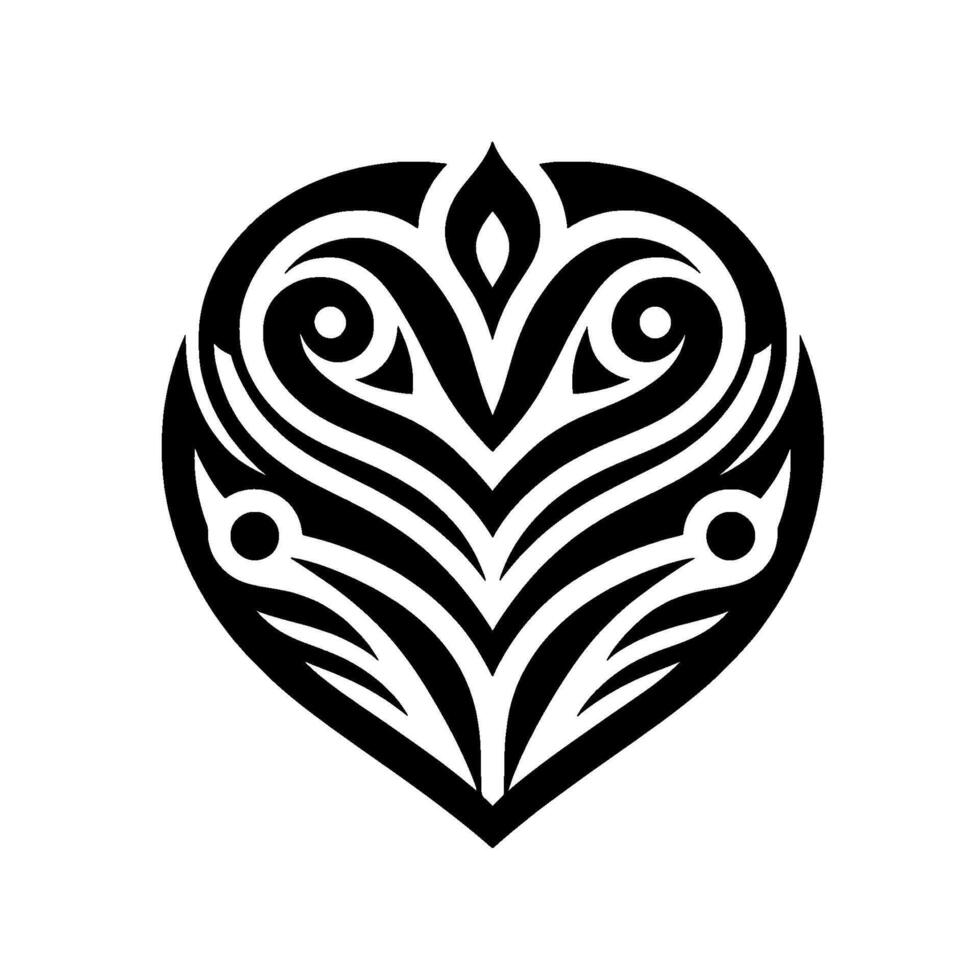 Symmetrical Black Tribal HeartShaped with Ornate Eyelike Details on White Background. vector