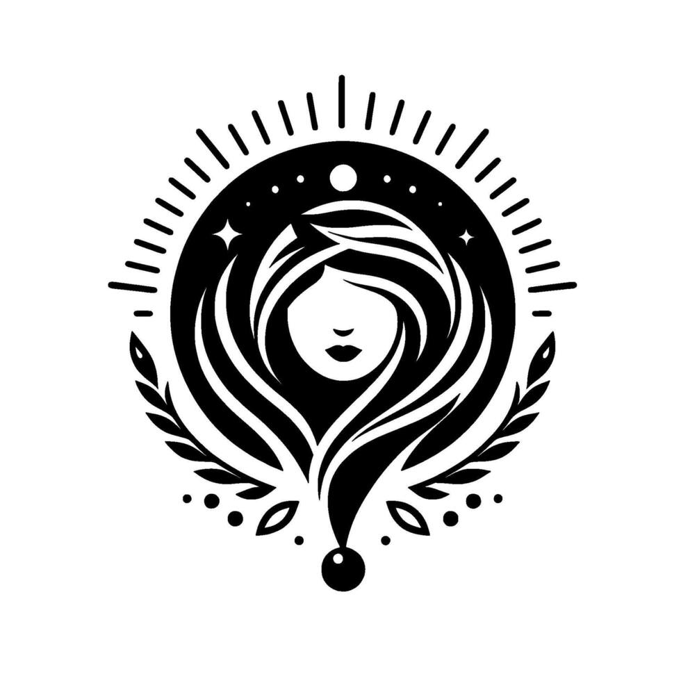 Stylized Celestial Portrait Elegant Black White Illustration of a Woman Surrounded by a Starry Circle, Branch Accents. vector