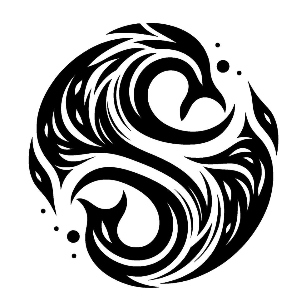 A swirling symmetrical black and white , resembling stylized birds or aquatic creatures forming a continuous, circular flow, with dot accents. vector