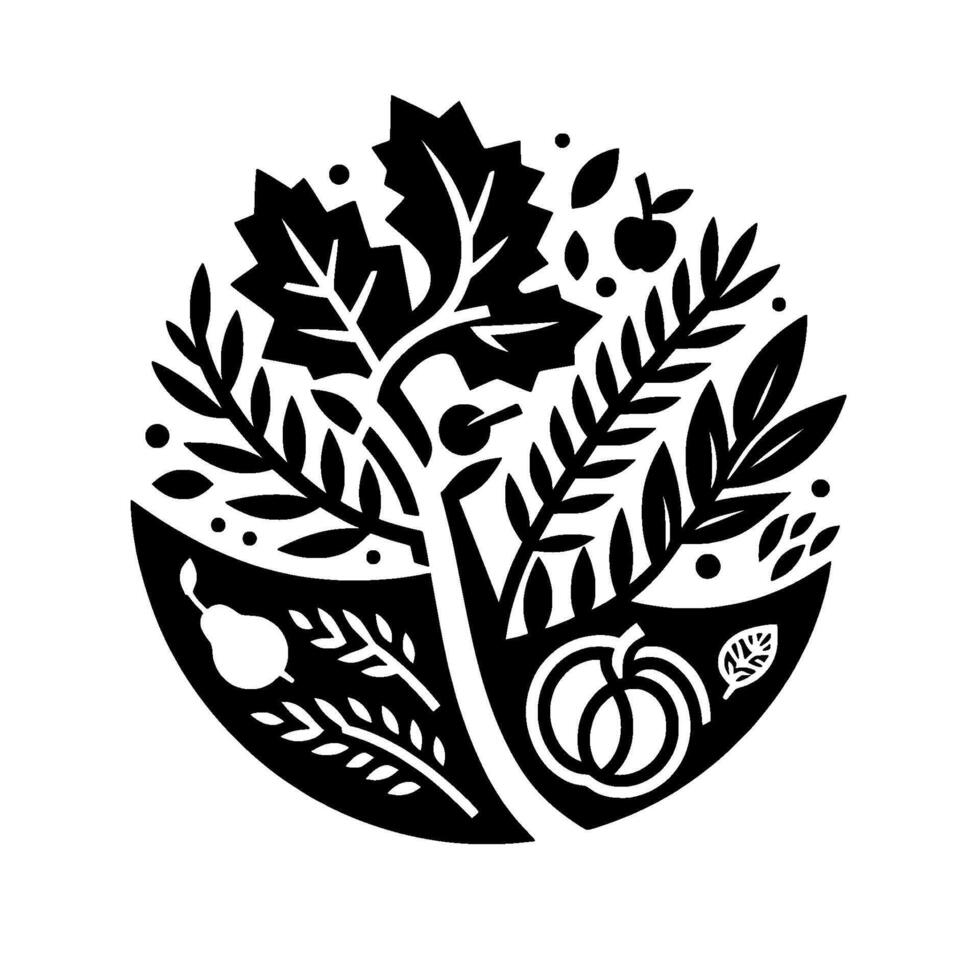 A stylized black and white circular illustration showcasing a tree with various fruits and foliage, evoking a harvest or nature theme. vector