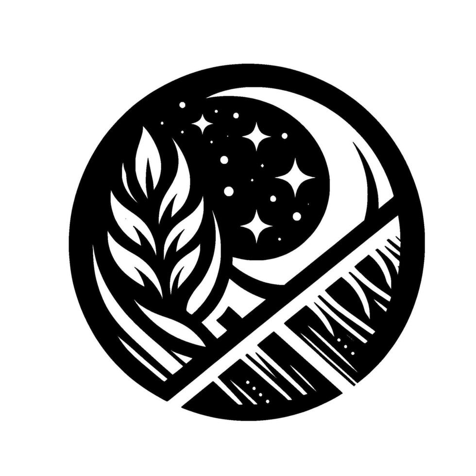 A circular, stylized black and white illustration with leaves, moon, stars, and angled architectural elements, evocative of nature and night. vector