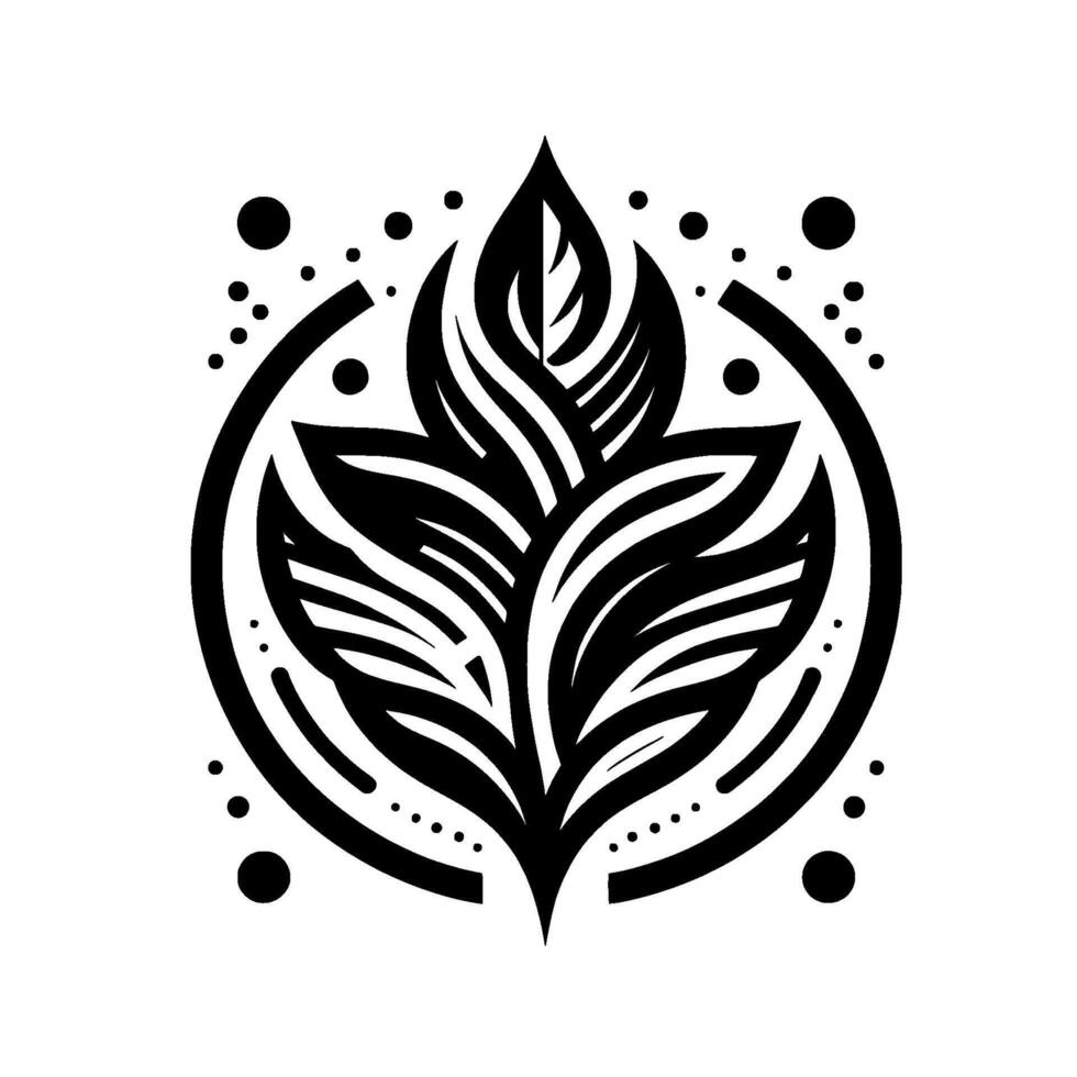 Black and White Floral Motif A symmetrical, stylized botanical within a circular frame, encircled by small dot embellishments. vector