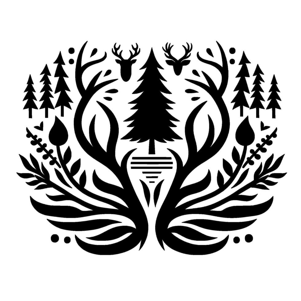Symmetrical Black and White Nature Illustration Pine Trees, Deer, Branches, Leaves, and a Central Spruce Symbol. vector