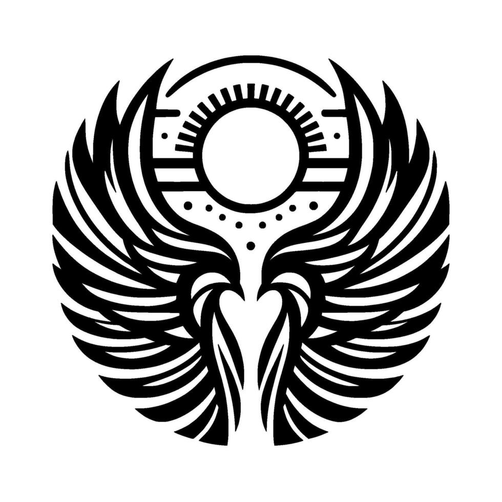 A symmetrical, stylized black and white emblem featuring layered sun disc, wings forming a heart shape, and a minimalist, geometric aesthetic. vector