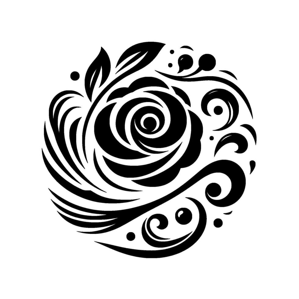 A stylized, symmetrical black floral featuring a central rose, leaves, and swirling accents arranged in a circle on a white backdrop. vector