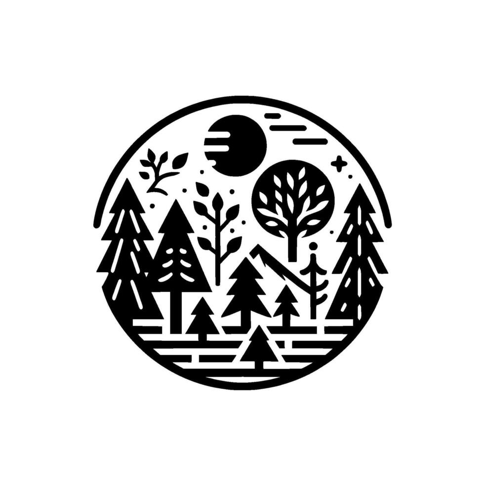 Minimalist Black and White Circular Composition Depicting a Forest Landscape, Sun and Stars Inside a Circle vector