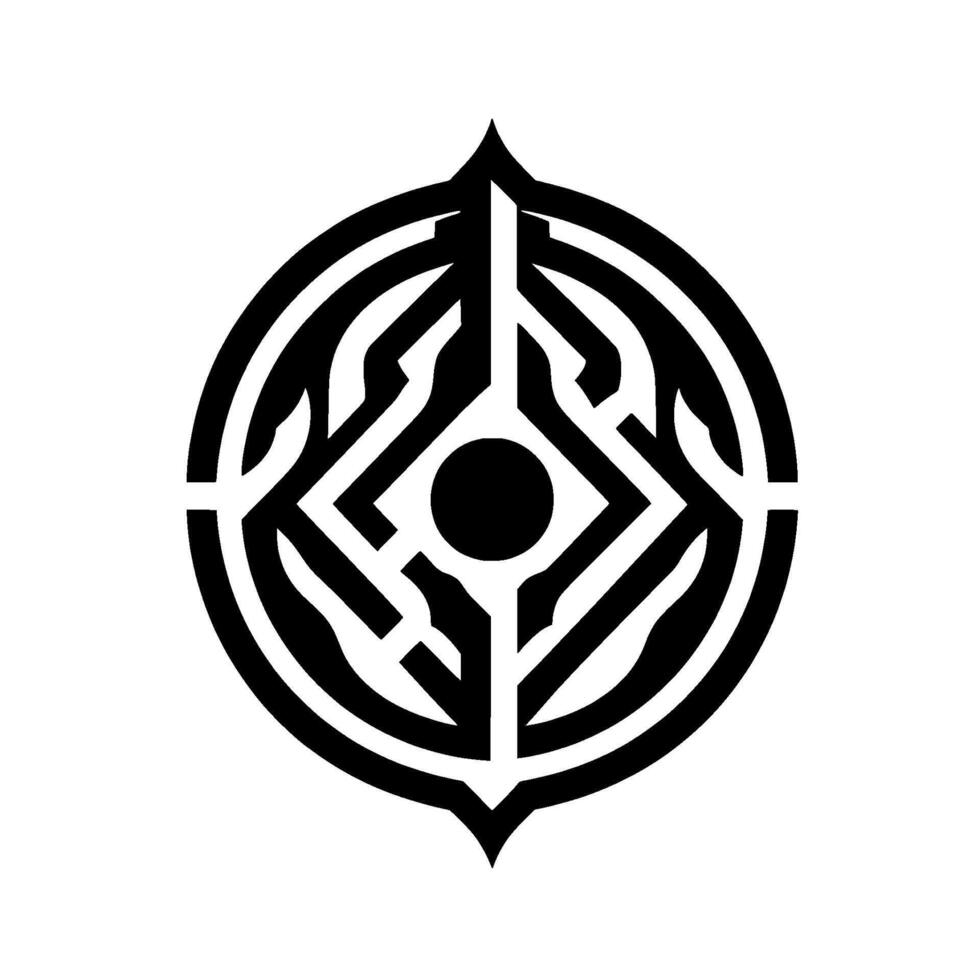 Symmetrical Black and White Geometric Emblem with Circular and Angular Elements, Central Dot, and Pointed Extensions. vector