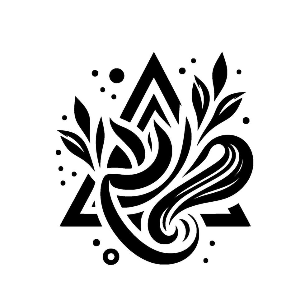 Monochromatic Ornamental Composition A stylized triangular frame with intricate floral and swirling elements, dots, and negative space. vector