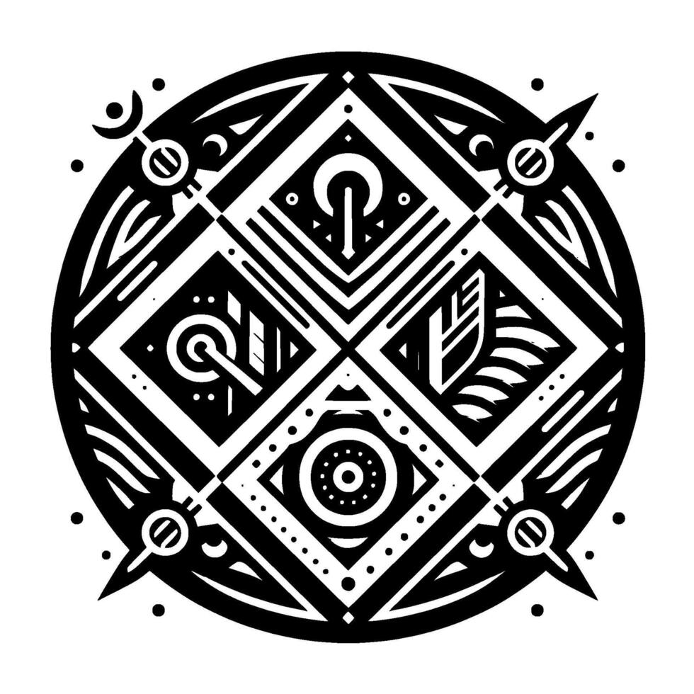 Intricate Black and White Geometric Mandala with Stylized Elements and a Circular Frame, Featuring Symbolic Designs. vector