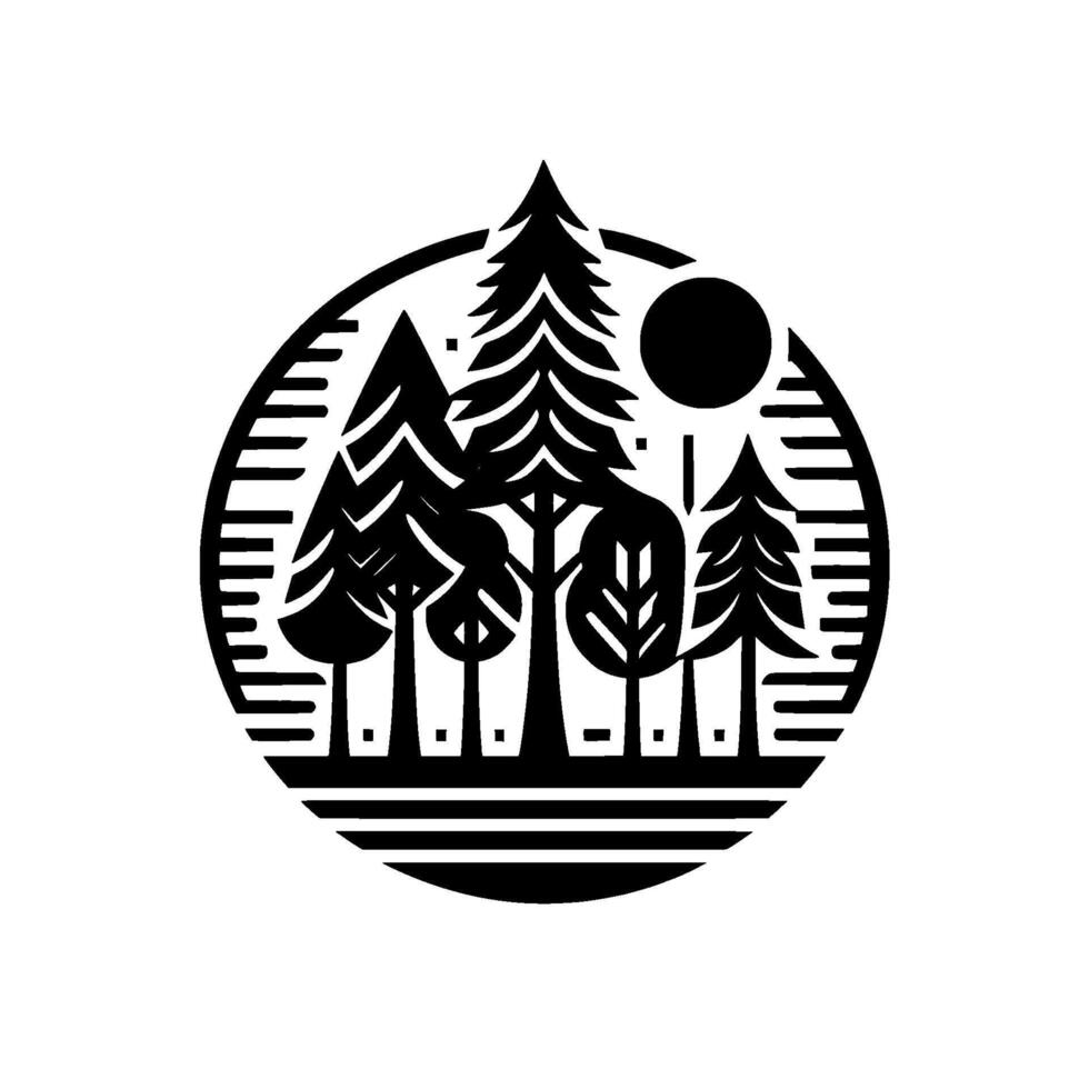 Black and White Silhouette of a Forest Scene Enclosed in a Circular Frame with Horizontal Lines, Depicting Trees and Sun vector
