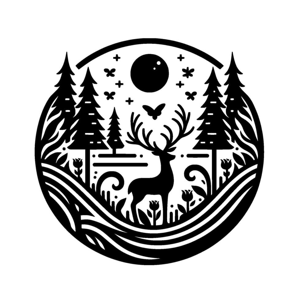 Monochromatic circle scene A majestic stag in a forest, framed by stylized trees, plants, and moon, and surrounded by natureinspired elements. vector