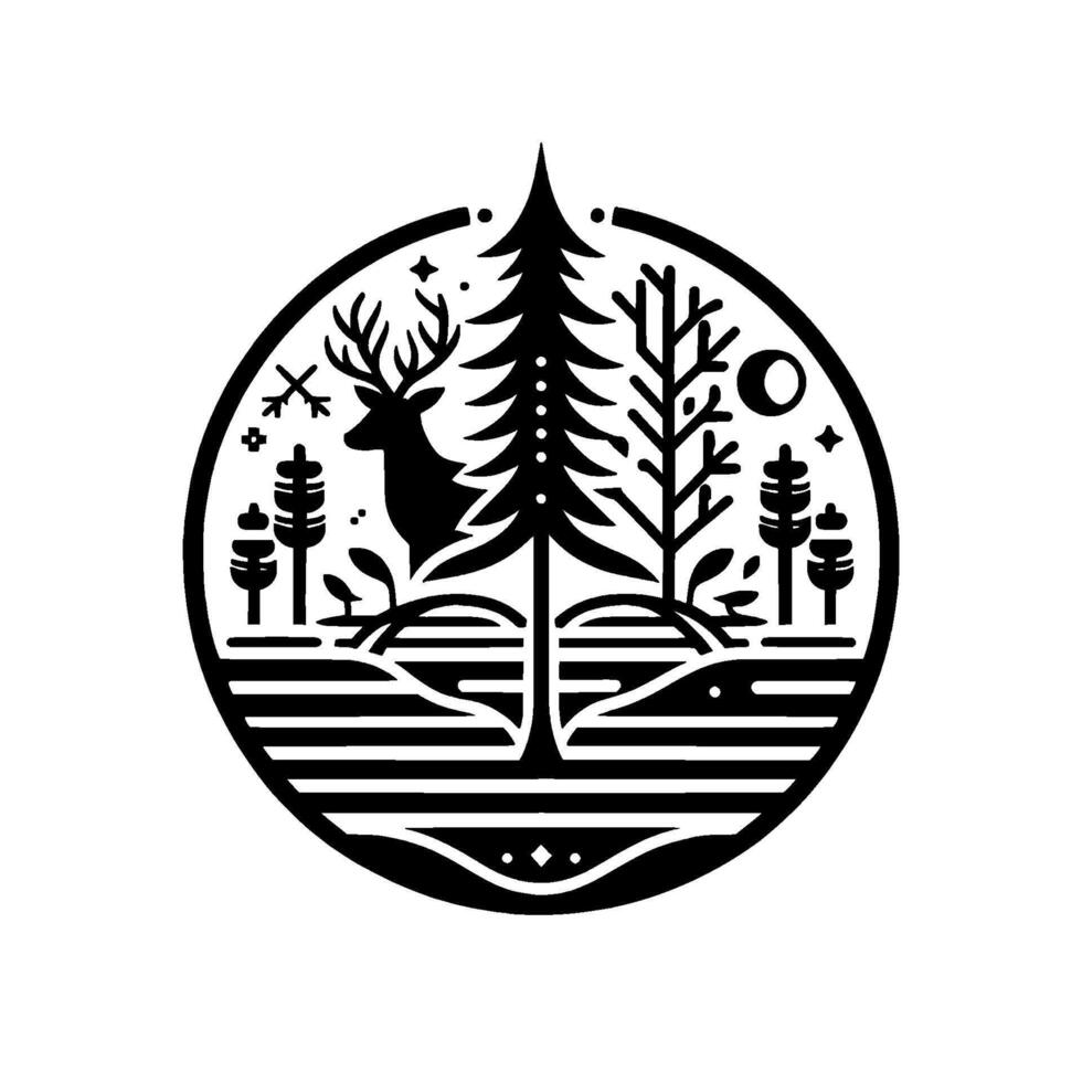 Minimalist Monochrome Illustration of a Forest Scene with a Deer, Pine, and Other Trees within a Circular Frame. vector